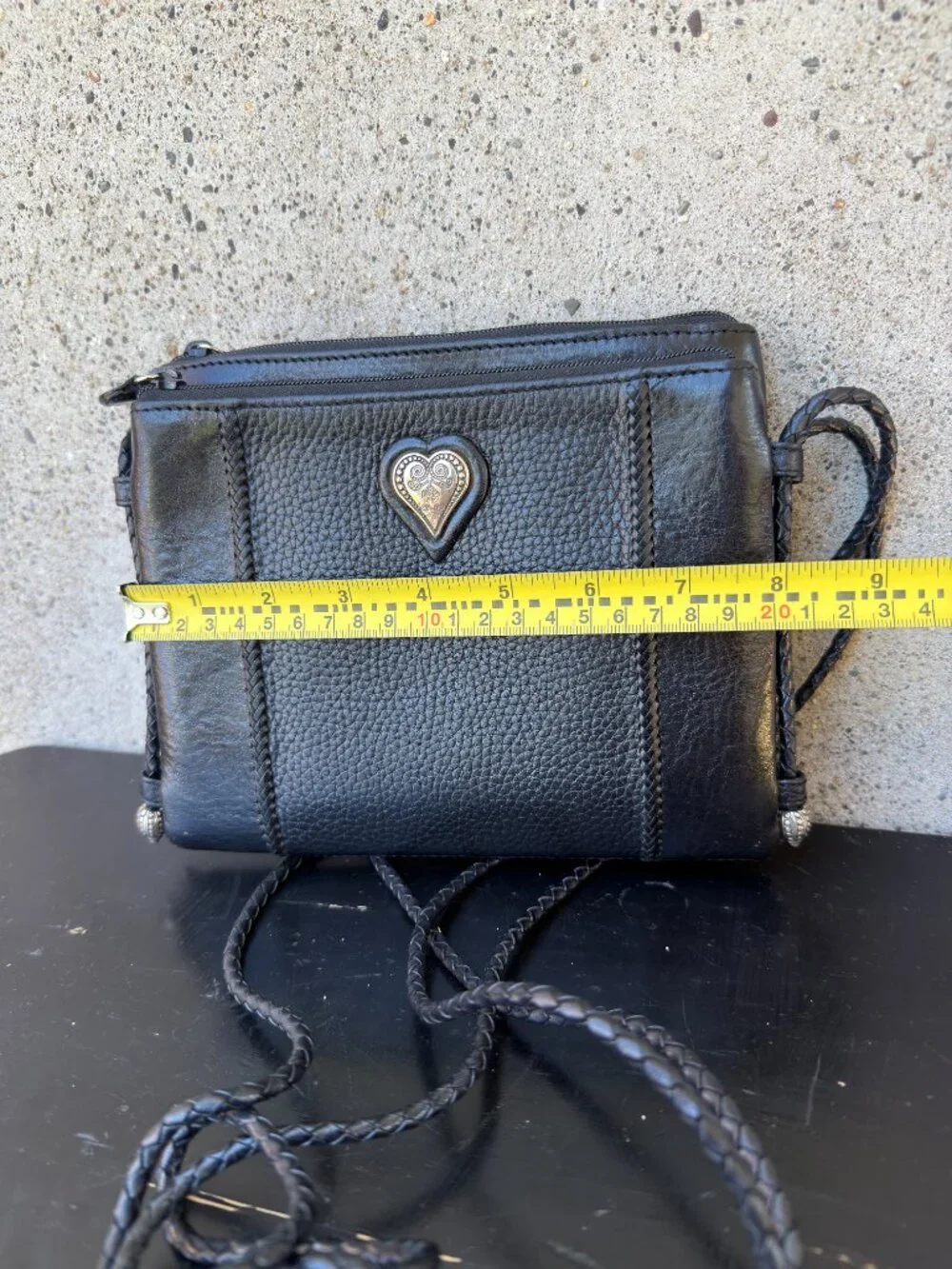 BRIGHTON Women's Black Leather Organizer Crossbody Handbag Braided Straps Hearts